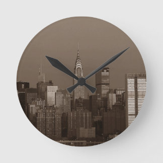 Sepia New York City Skyline Round Clock