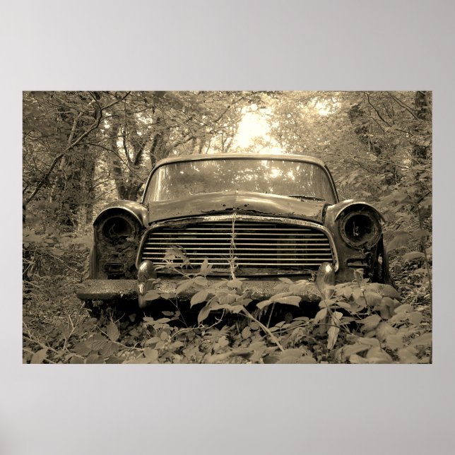 Sepia Photograph of old rusty classic car Poster (Front)