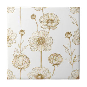 Sepia Poppy Flowers with Vintage Engraved Details Tile