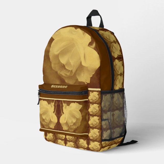 Sepia Rose Raindrops Aged Vintage Personalized Printed Backpack (Back Corner Right)