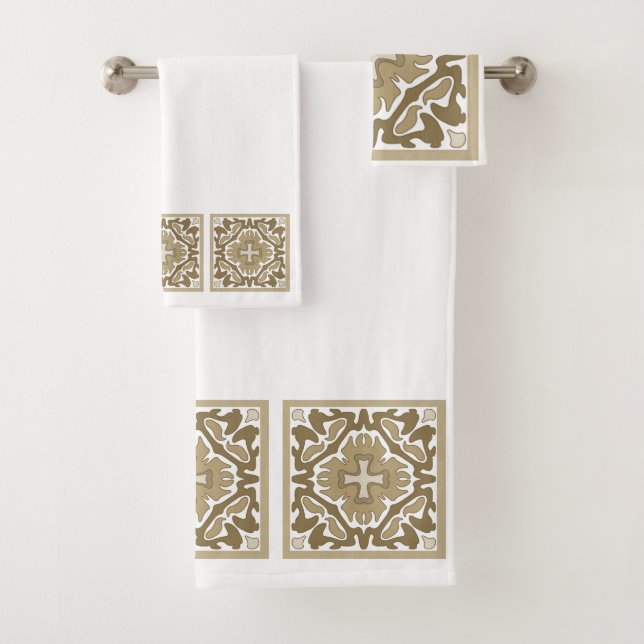 Sepia Spanish Tiles Bath Towel Set (Insitu)