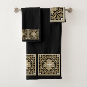 Sepia Spanish Tiles on Black Bath Towel Set