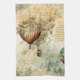Sepia Steampunk Hot Air Balloon Globe Map Kitchen Towel