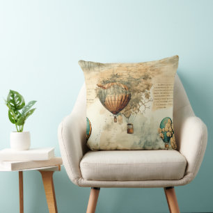 Sepia Steampunk Hot Air Balloon Globe Map Throw Pillow