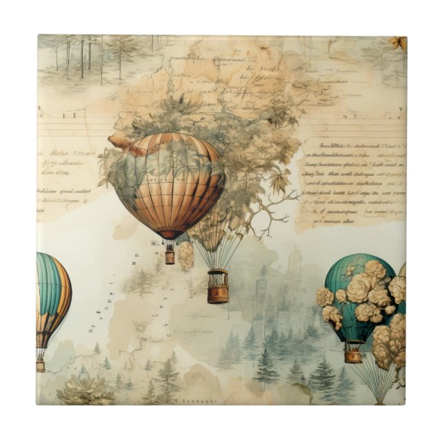 Sepia Steampunk Hot Air Balloon Globe Map Tile (Front)