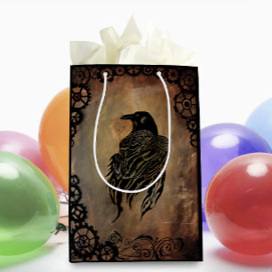  Sepia Stone Tribal Clockwork Gears Black Raven  Medium Gift Bag