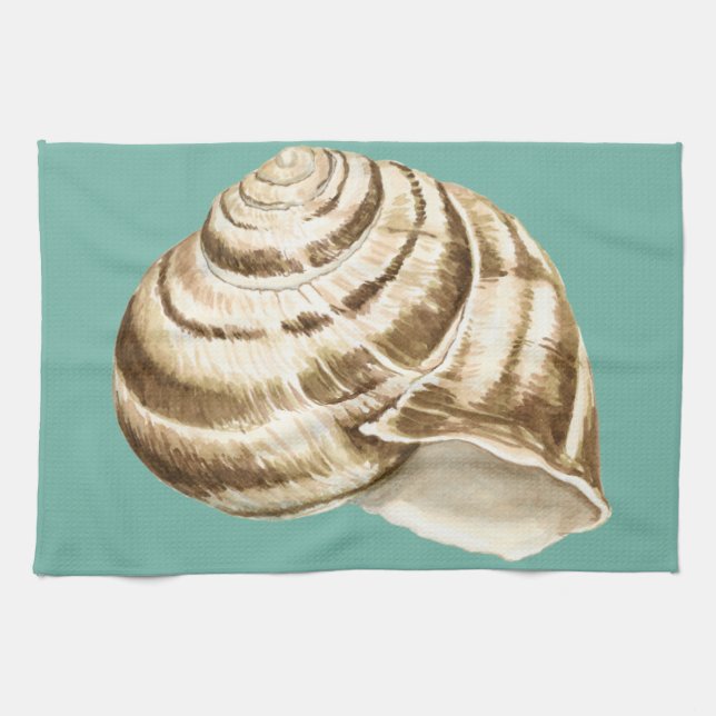 Sepia Striped Shell on Teal Kitchen Towel (Horizontal)