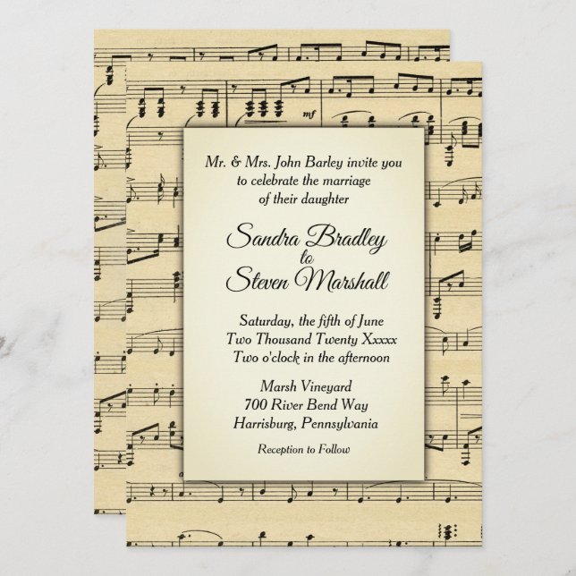 Sepia Tone Antique Sheet Music Theme Wedding Invitation (Front/Back)