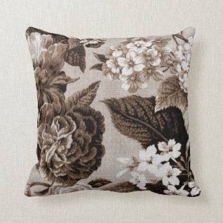 Sepia Tone Brown Botanical Floral Toile No.1 Throw Pillow