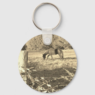 Sepia tone Brown horse and fence Keychain