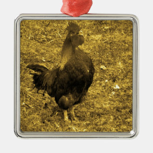 Sepia Tone Crowing Rooster Metal Ornament