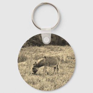 Sepia Tone Donkey  in a Field. Keychain