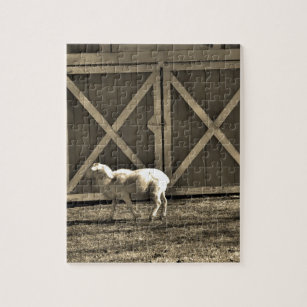 Sepia Tone  Goat and Barn Doors Jigsaw Puzzle