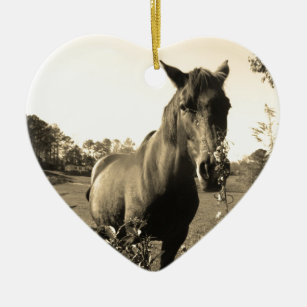 Sepia Tone  Photo of  brown Horse with flowers Ceramic Ornament