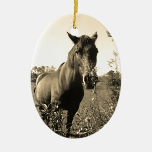 Sepia Tone  Photo of  brown Horse with flowers Ceramic Ornament