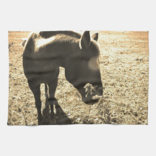 Sepia Tone  Photo of  brown Horse with flowers Kitchen Towel