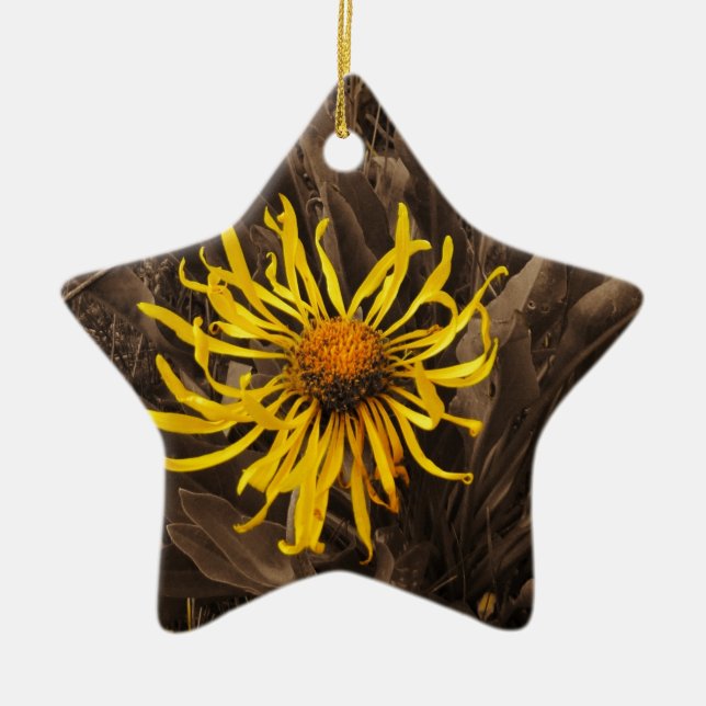 Sepia tone Yellow wildflowers Ceramic Ornament (Front)