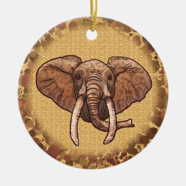 Sepia Tribal Elephant round ceramic ornament (Front)