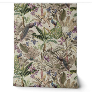 Sepia Tropical Vintage Peacock Floral Rainforest Wallpaper