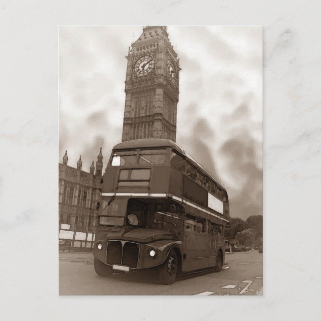 Sepia Vintage London Bus & Big Ben Postcard (Front)