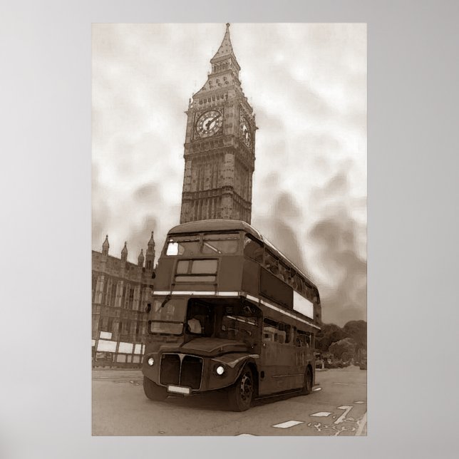 Sepia Vintage London Bus Big Ben Poster (Front)