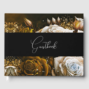 Sepia Vintage Painted Roses Wedding Guest Book