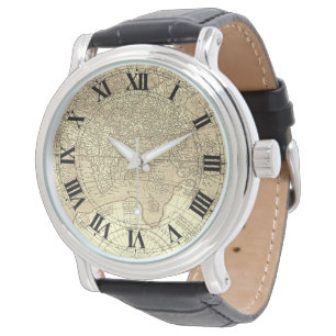 Sepia Vintage World Map with Roman Numerals Watch