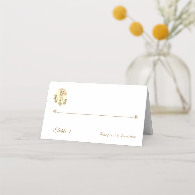 Sepia Virgin Mary Wedding Folded Place Card (Front)