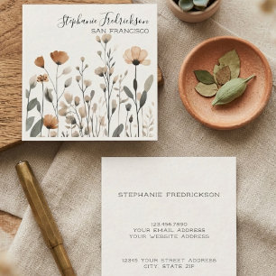 Sepia Wildflower Botanical Calligraphy Cream Square Business Card