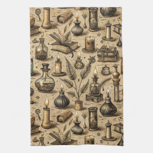 Sepia Witchcraft Alchemy Books Potion Vintage Kitchen Towel