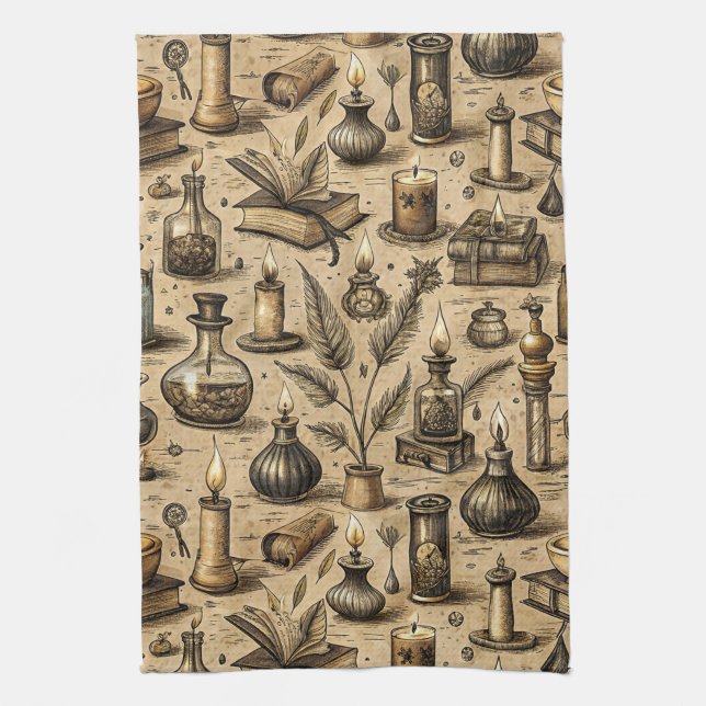Sepia Witchcraft Alchemy Books Potion Vintage Kitchen Towel (Vertical)