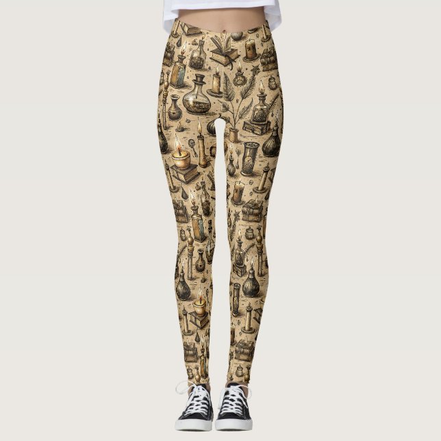 Sepia Witchcraft Alchemy Books Potion Vintage Leggings (Front)