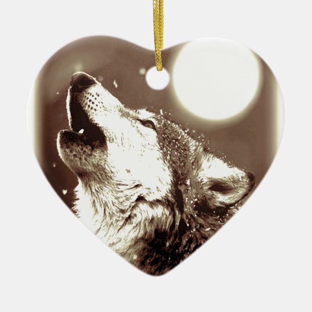 Sepia Wolf & Moon Ceramic Ornament (Front)