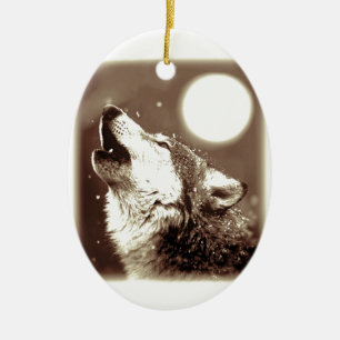 Sepia Wolf & Moon Ceramic Ornament