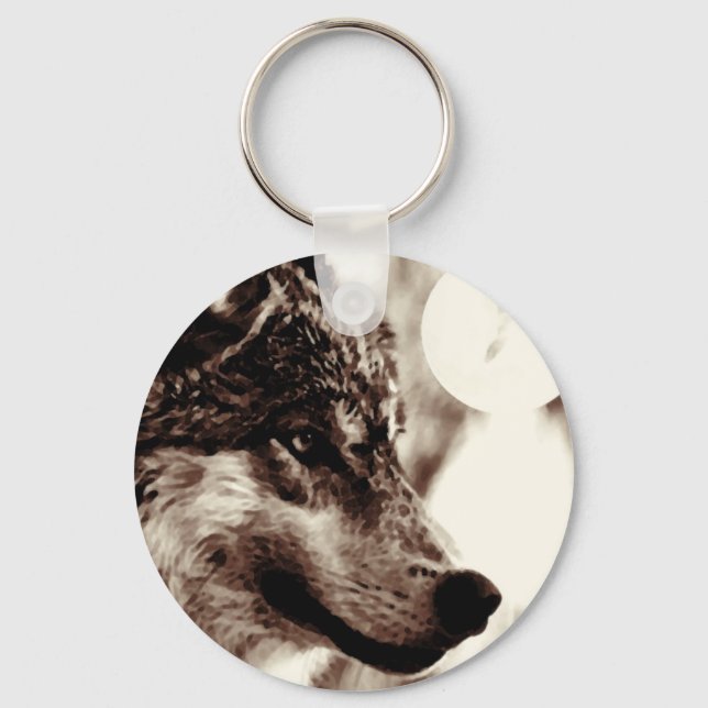 Sepia Wolf & Moon Keychain (Front)