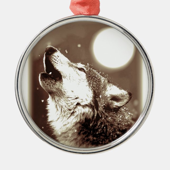 Sepia Wolf & Moon Metal Ornament (Front)