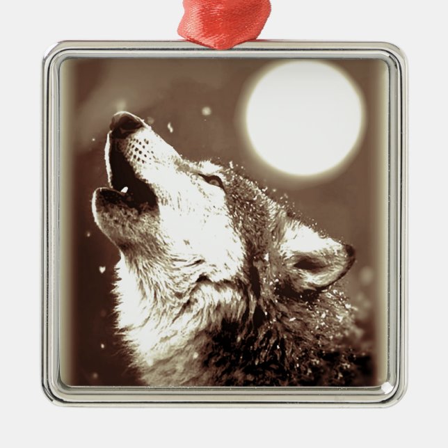 Sepia Wolf & Moon Metal Ornament (Front)