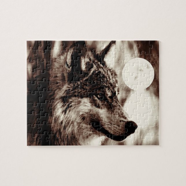 Sepia Wolf Motivational Freedom Night Fullmoon Jigsaw Puzzle (Horizontal)