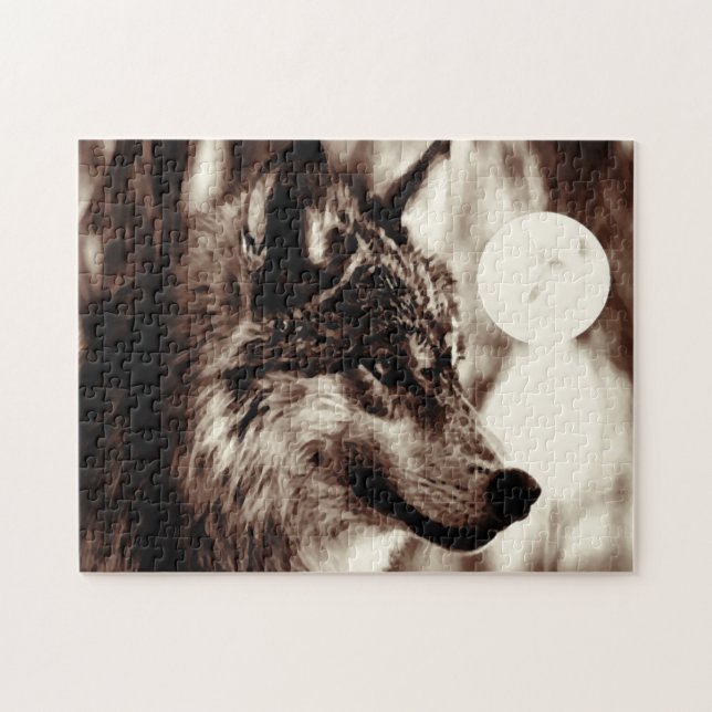 Sepia Wolf Motivational Freedom Night Fullmoon Jigsaw Puzzle (Horizontal)