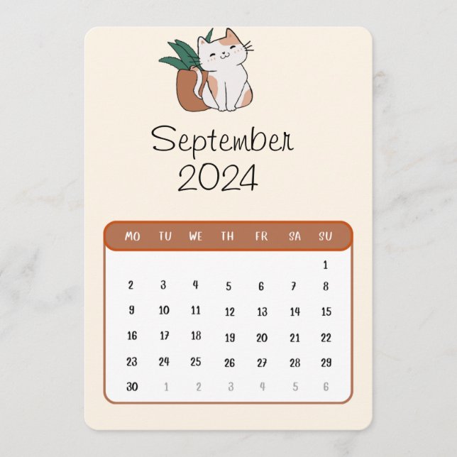 September 2024 Stand Alone Cat And Plant Calendar Menu (Front)