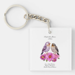 September Aster Flower with Birds Birth Gift  Keychain