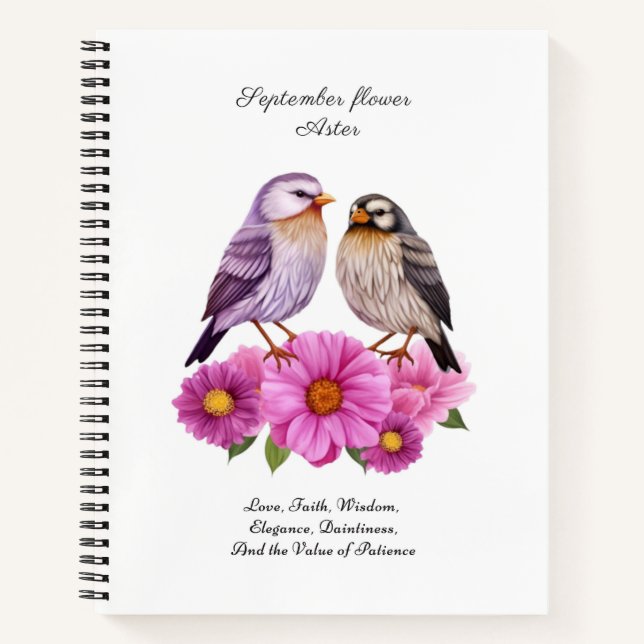 September Aster Flower with Birds Birth Gift  Notebook (Front)