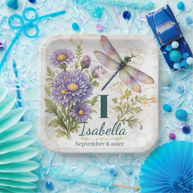 September Birth Flower Aster & Dragonfly Paper Plate (Party)