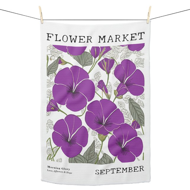 September Birth Flower Market Purple Morning Glory Kitchen Towel (Personalized September Birth Flower Market Kitchen Towel, Custom Floral Kitchen Towel, Morning Glory)