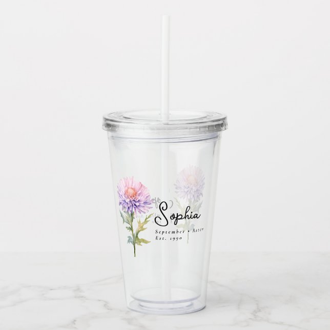 September Birth Month Flower Aster Personalized Acrylic Tumbler (Front)
