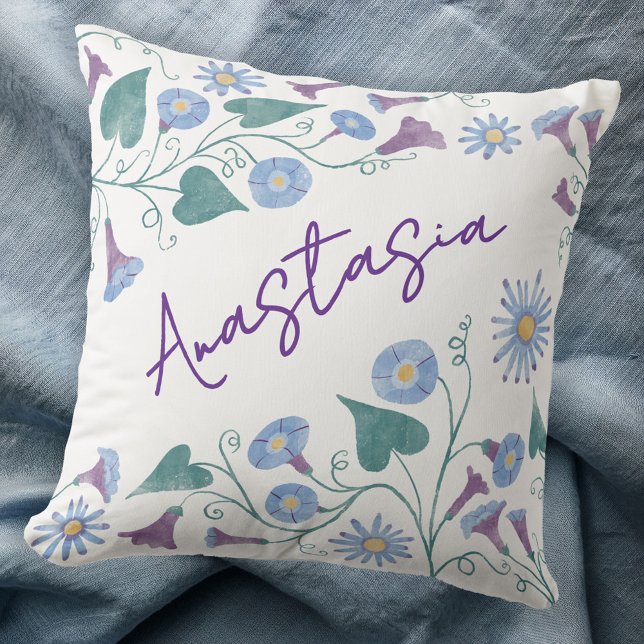 September Birth Month Morning Glory Personalized Throw Pillow (September birthday birth month flower morning glory aster personalized custom name throw pillow gift)