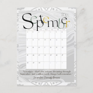 September Grey Modern Monthly Calendar 2025 Postcard