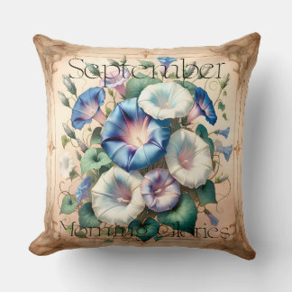 September Morning Glory Floral Birth Month Throw Pillow