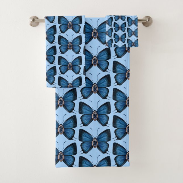 September Sapphire Blue Butterfly Pattern Design Bath Towel Set (Insitu)