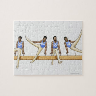 Sequence of illustrations showing male gymnast jigsaw puzzle
